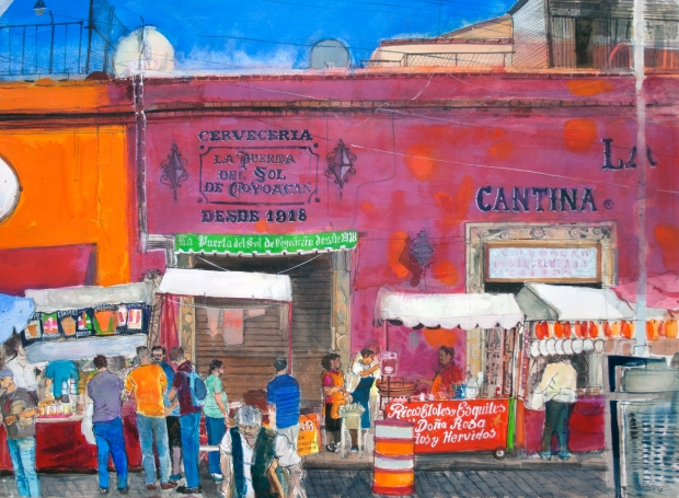 Calle Caballocalco Mexico City watercolour Peter Quinn RWS 55x76cm