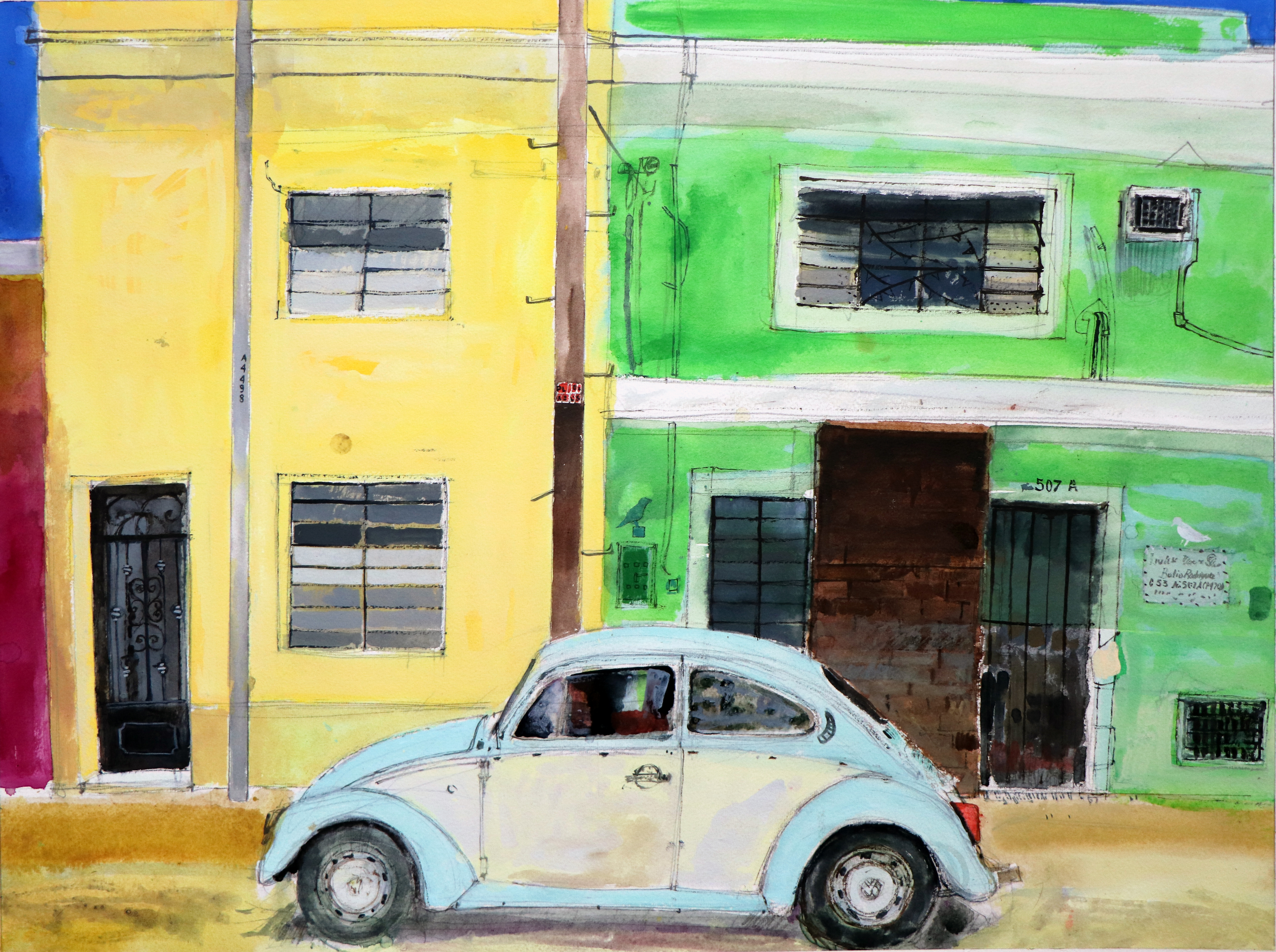 VW Beetle, Merida, Yucatan, Mexico watercolour on paper 51x69cm Peter Quinn RWS