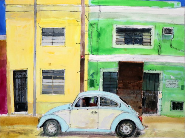 VW Beetle, Merida, Yucatan, Mexico watercolour on paper 51x69cm Peter Quinn RWS